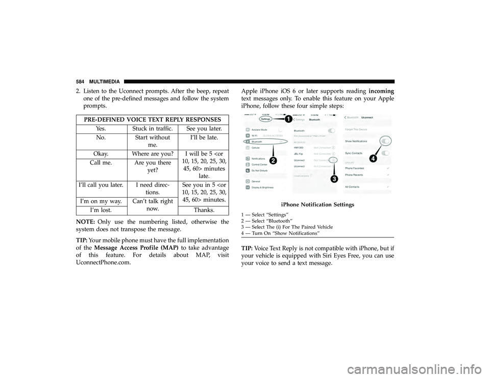 CHRYSLER PACIFICA HYBRID 2019 Owners Manual 2. Listen to the Uconnect prompts. After the beep, repeatone of the pre-defined messages and follow the system
prompts.
PRE-DEFINED VOICE TEXT REPLY RESPONSES
Yes. Stuck in traffic. See you later.No. CHRYSLER PACIFICA HYBRID 2019 Owners Manual 2. Listen to the Uconnect prompts. After the beep, repeatone of the pre-defined messages and follow the system
prompts.
PRE-DEFINED VOICE TEXT REPLY RESPONSES
Yes. Stuck in traffic. See you later.No.