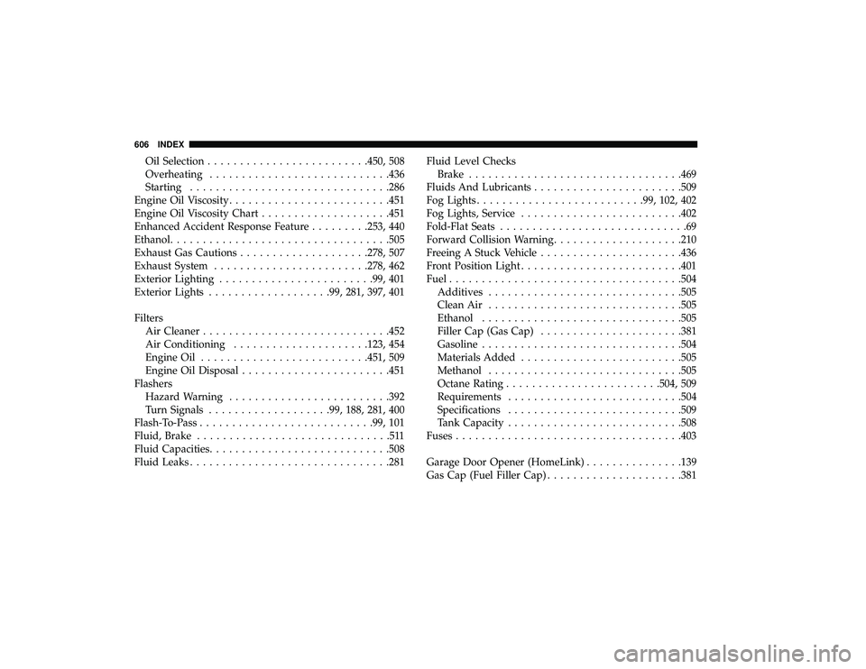 CHRYSLER PACIFICA HYBRID 2019  Owners Manual Oil Selection........................ .450, 508
Overheating ........................... .436
Starting .............................. .286
Engine Oil Viscosity ........................ .451
Engine Oil 