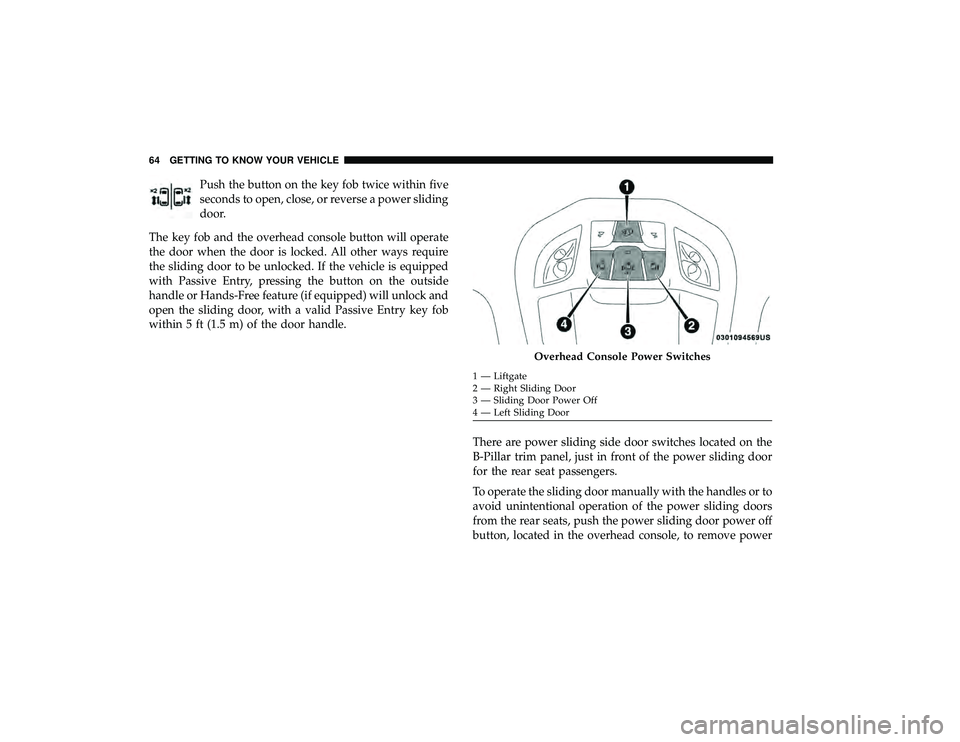 CHRYSLER PACIFICA HYBRID 2019 Repair Manual Push the button on the key fob twice within five
seconds to open, close, or reverse a power sliding
door.
The key fob and the overhead console button will operate
the door when the door is locked. All CHRYSLER PACIFICA HYBRID 2019 Repair Manual Push the button on the key fob twice within five
seconds to open, close, or reverse a power sliding
door.
The key fob and the overhead console button will operate
the door when the door is locked. All