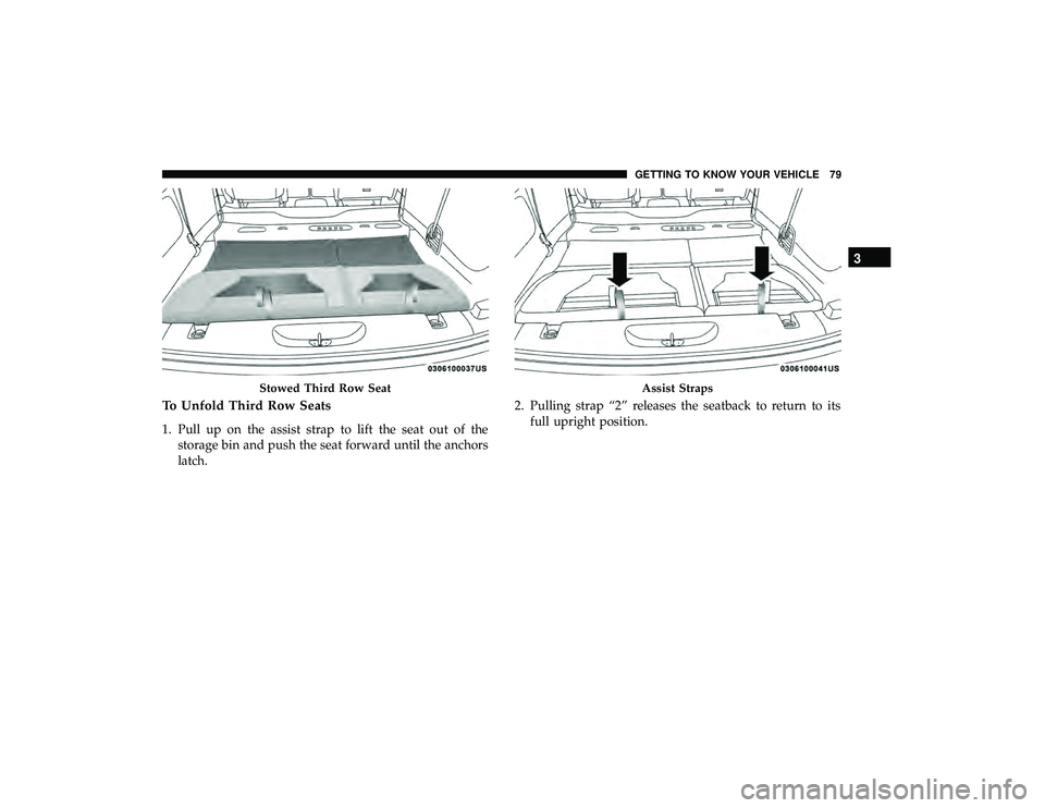 CHRYSLER PACIFICA HYBRID 2019 Manual Online To Unfold Third Row Seats
1. Pull up on the assist strap to lift the seat out of thestorage bin and push the seat forward until the anchors
latch. 2. Pulling strap “2” releases the seatback to ret