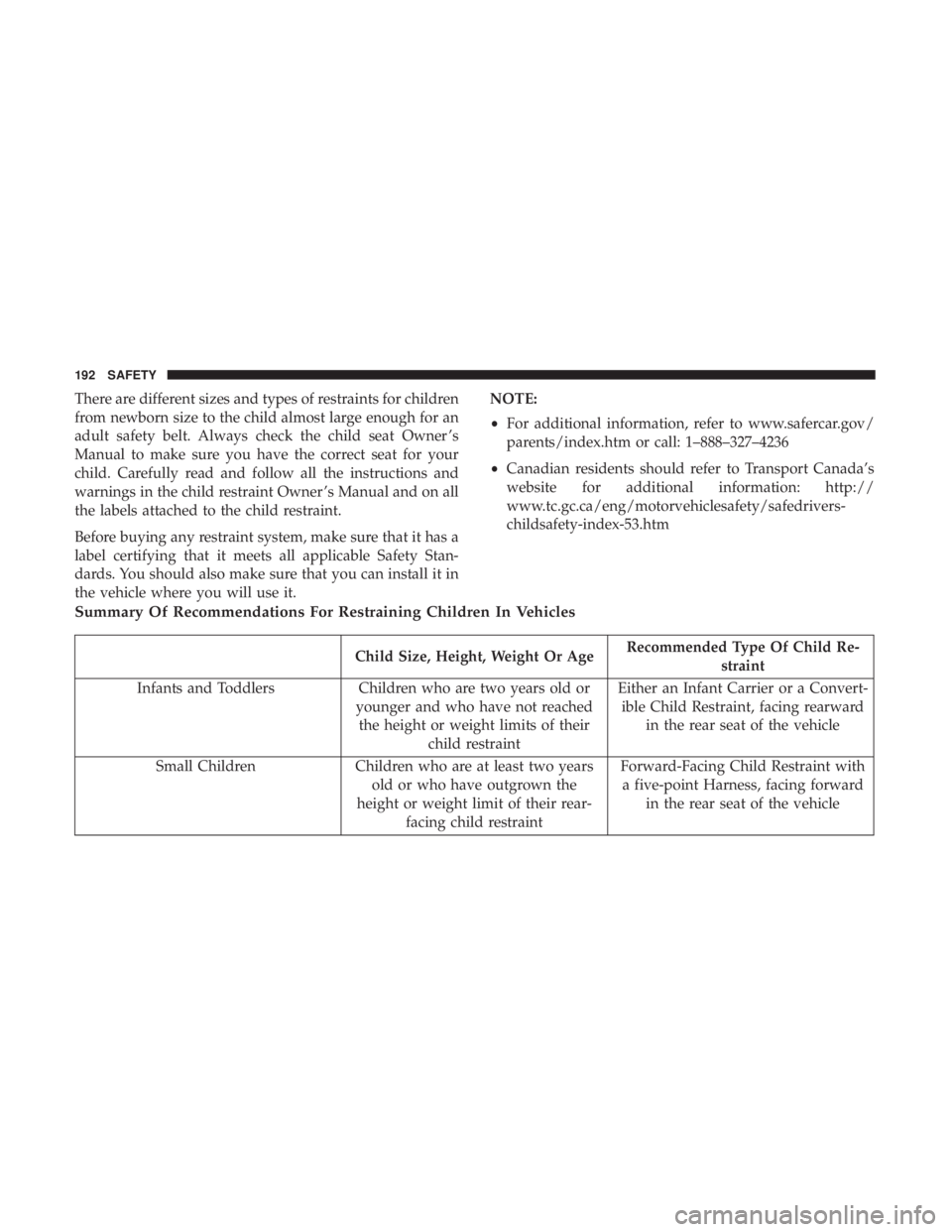 CHRYSLER 300 2018 Owners Manual There are different sizes and types of restraints for children
from newborn size to the child almost large enough for an
adult safety belt. Always check the child seat Owner ’s
Manual to make sure y CHRYSLER 300 2018 Owners Manual There are different sizes and types of restraints for children
from newborn size to the child almost large enough for an
adult safety belt. Always check the child seat Owner ’s
Manual to make sure y