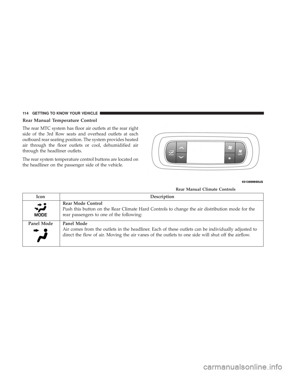CHRYSLER PACIFICA 2018  Owners Manual Rear Manual Temperature Control
The rear MTC system has floor air outlets at the rear right
side of the 3rd Row seats and overhead outlets at each
outboard rear seating position. The system provides h