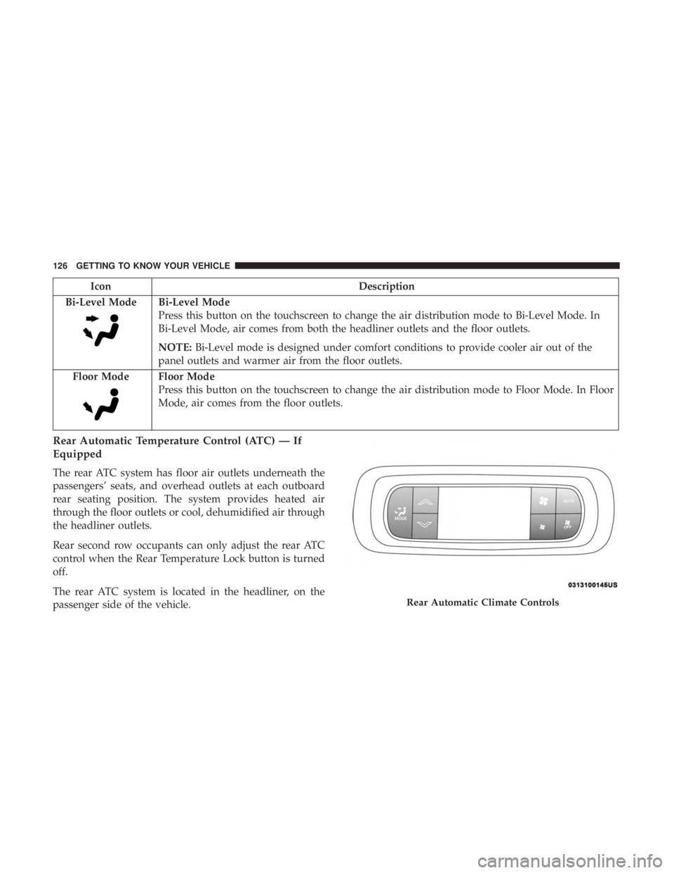 CHRYSLER PACIFICA 2018 Owners Manual IconDescription
Bi-Level Mode
Bi-Level Mode
Press this button on the touchscreen to change the air distribution mode to Bi-Level Mode. In
Bi-Level Mode, air comes from both the headliner outlets and t CHRYSLER PACIFICA 2018 Owners Manual IconDescription
Bi-Level Mode
Bi-Level Mode
Press this button on the touchscreen to change the air distribution mode to Bi-Level Mode. In
Bi-Level Mode, air comes from both the headliner outlets and t