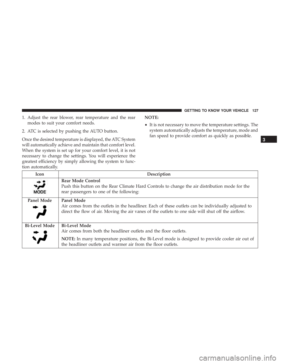CHRYSLER PACIFICA 2018 Owners Manual 1. Adjust the rear blower, rear temperature and the rearmodes to suit your comfort needs.
2. ATC is selected by pushing the AUTO button.
Once the desired temperature is displayed, the ATC System
will CHRYSLER PACIFICA 2018 Owners Manual 1. Adjust the rear blower, rear temperature and the rearmodes to suit your comfort needs.
2. ATC is selected by pushing the AUTO button.
Once the desired temperature is displayed, the ATC System
will