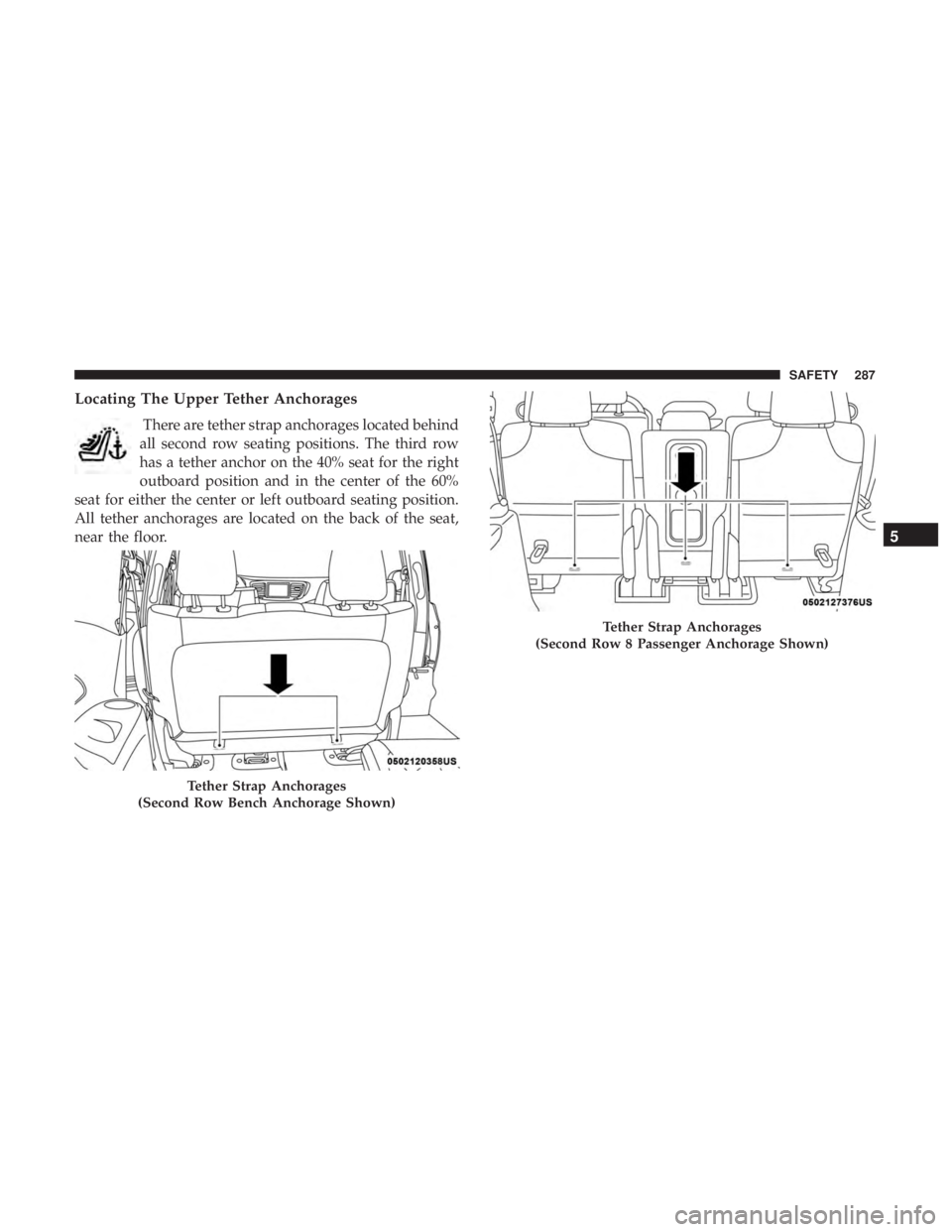 CHRYSLER PACIFICA 2018 Owners Manual Locating The Upper Tether Anchorages
There are tether strap anchorages located behind
all second row seating positions. The third row
has a tether anchor on the 40% seat for the right
outboard positio CHRYSLER PACIFICA 2018 Owners Manual Locating The Upper Tether Anchorages
There are tether strap anchorages located behind
all second row seating positions. The third row
has a tether anchor on the 40% seat for the right
outboard positio