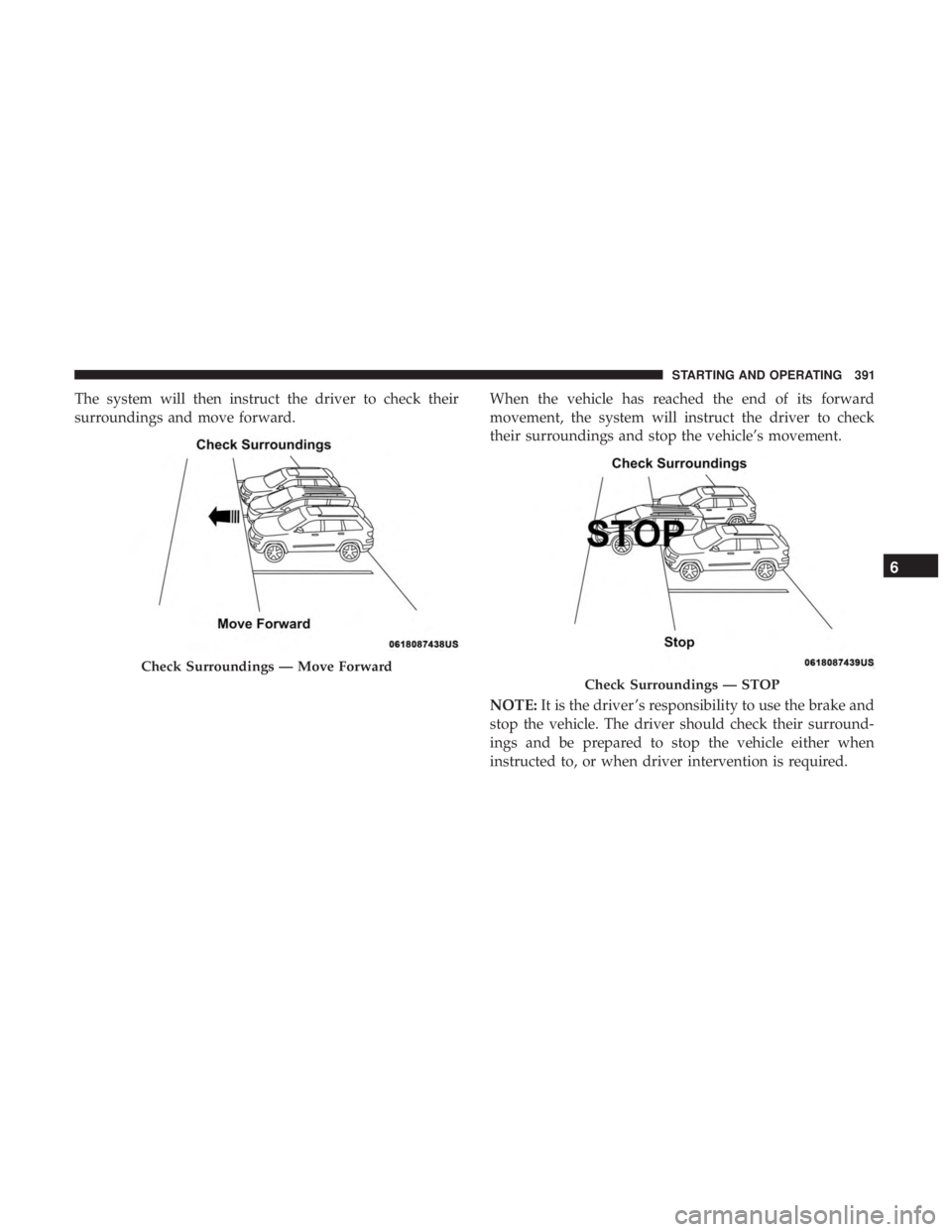 CHRYSLER PACIFICA 2018 Owners Manual The system will then instruct the driver to check their
surroundings and move forward.When the vehicle has reached the end of its forward
movement, the system will instruct the driver to check
their s CHRYSLER PACIFICA 2018 Owners Manual The system will then instruct the driver to check their
surroundings and move forward.When the vehicle has reached the end of its forward
movement, the system will instruct the driver to check
their s