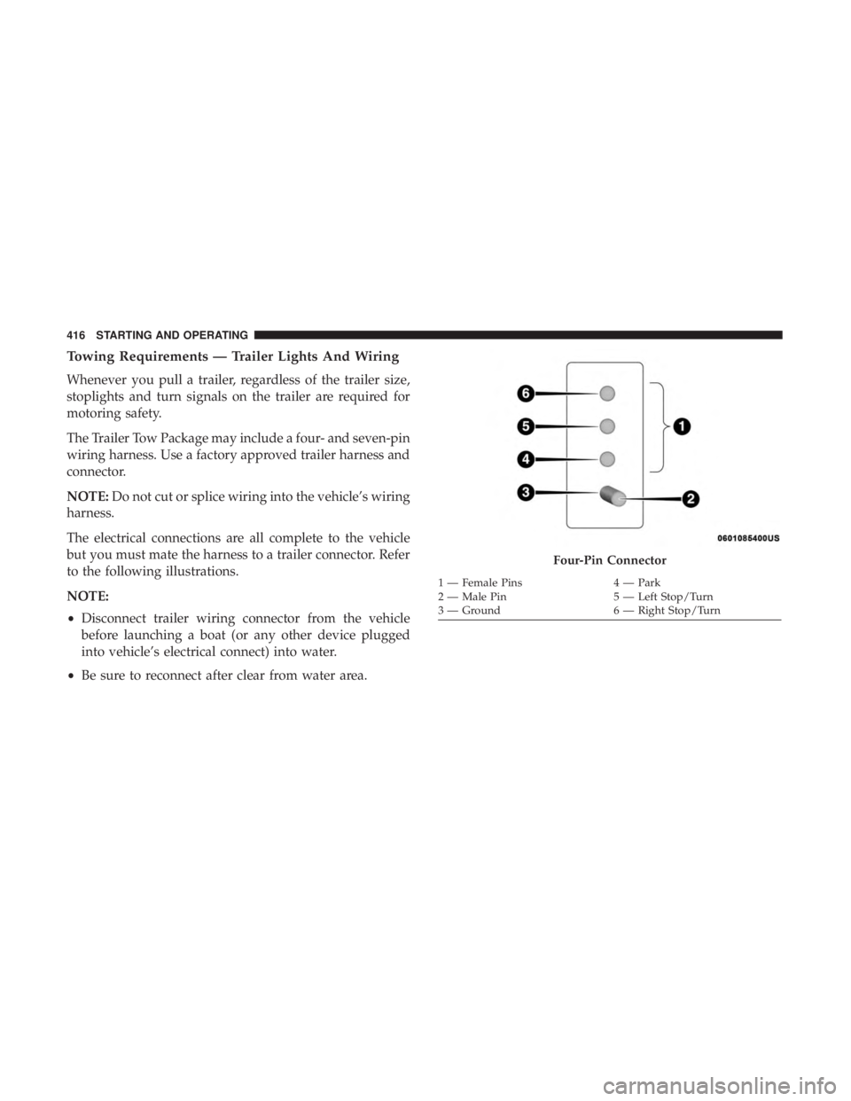 CHRYSLER PACIFICA 2018 Owners Manual Towing Requirements — Trailer Lights And Wiring
Whenever you pull a trailer, regardless of the trailer size,
stoplights and turn signals on the trailer are required for
motoring safety.
The Trailer CHRYSLER PACIFICA 2018 Owners Manual Towing Requirements — Trailer Lights And Wiring
Whenever you pull a trailer, regardless of the trailer size,
stoplights and turn signals on the trailer are required for
motoring safety.
The Trailer
