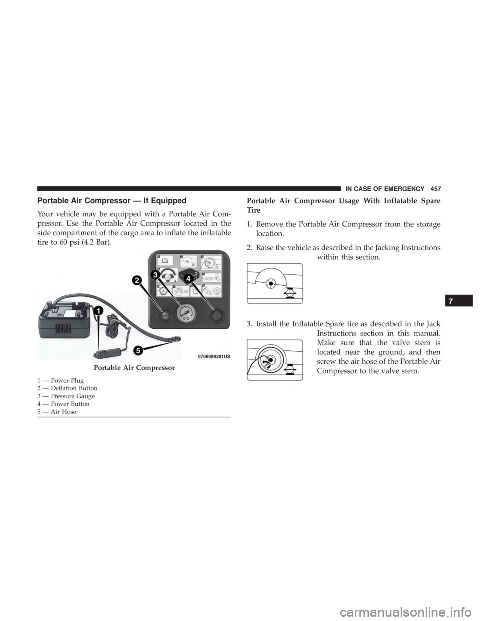 CHRYSLER PACIFICA 2018  Owners Manual Portable Air Compressor — If Equipped
Your vehicle may be equipped with a Portable Air Com-
pressor. Use the Portable Air Compressor located in the
side compartment of the cargo area to inflate the 