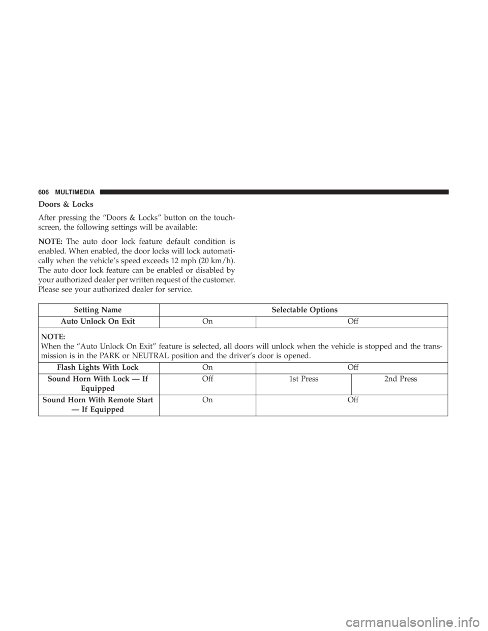 CHRYSLER PACIFICA 2018 Owners Manual Doors & Locks
After pressing the “Doors & Locks” button on the touch-
screen, the following settings will be available:
NOTE:The auto door lock feature default condition is
enabled. When enabled, CHRYSLER PACIFICA 2018 Owners Manual Doors & Locks
After pressing the “Doors & Locks” button on the touch-
screen, the following settings will be available:
NOTE:The auto door lock feature default condition is
enabled. When enabled,