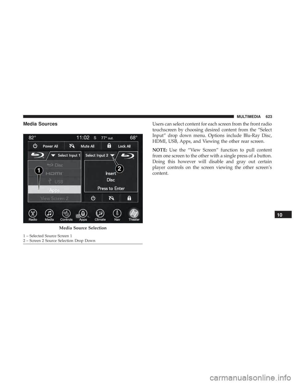 CHRYSLER PACIFICA 2018 Owners Manual Media SourcesUsers can select content for each screen from the front radio
touchscreen by choosing desired content from the “Select
Input” drop down menu. Options include Blu-Ray Disc,
HDMI, USB, CHRYSLER PACIFICA 2018 Owners Manual Media SourcesUsers can select content for each screen from the front radio
touchscreen by choosing desired content from the “Select
Input” drop down menu. Options include Blu-Ray Disc,
HDMI, USB,
