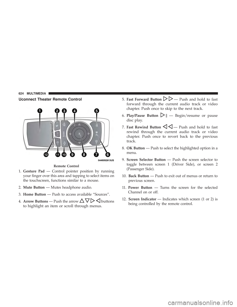 CHRYSLER PACIFICA 2018 Owners Manual Uconnect Theater Remote Control
1.Gesture Pad — Control pointer position by running
your finger over this area and tapping to select items on
the touchscreen, functions similar to a mouse.
2. Mute B CHRYSLER PACIFICA 2018 Owners Manual Uconnect Theater Remote Control
1.Gesture Pad — Control pointer position by running
your finger over this area and tapping to select items on
the touchscreen, functions similar to a mouse.
2. Mute B