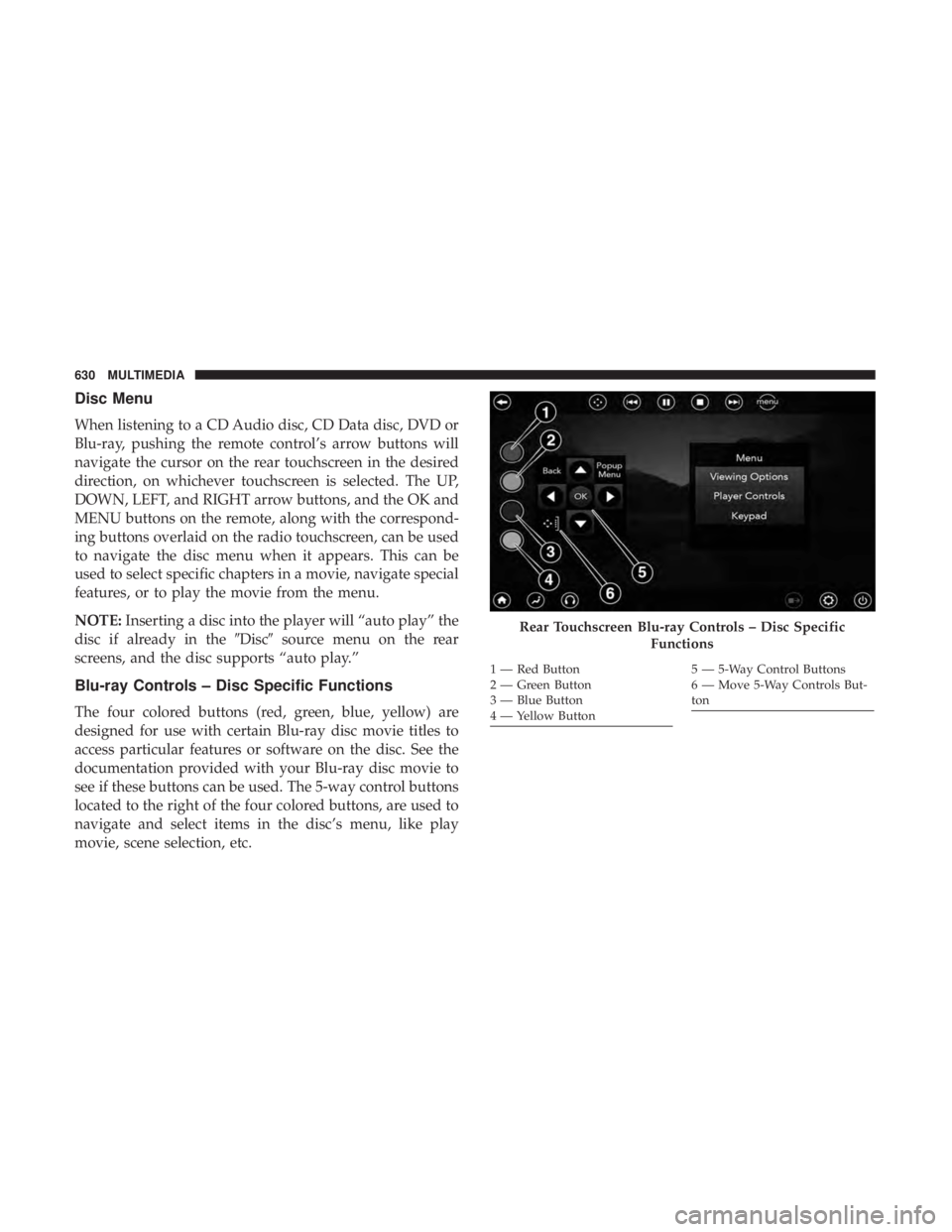 CHRYSLER PACIFICA 2018 Owners Manual Disc Menu
When listening to a CD Audio disc, CD Data disc, DVD or
Blu-ray, pushing the remote control’s arrow buttons will
navigate the cursor on the rear touchscreen in the desired
direction, on wh CHRYSLER PACIFICA 2018 Owners Manual Disc Menu
When listening to a CD Audio disc, CD Data disc, DVD or
Blu-ray, pushing the remote control’s arrow buttons will
navigate the cursor on the rear touchscreen in the desired
direction, on wh