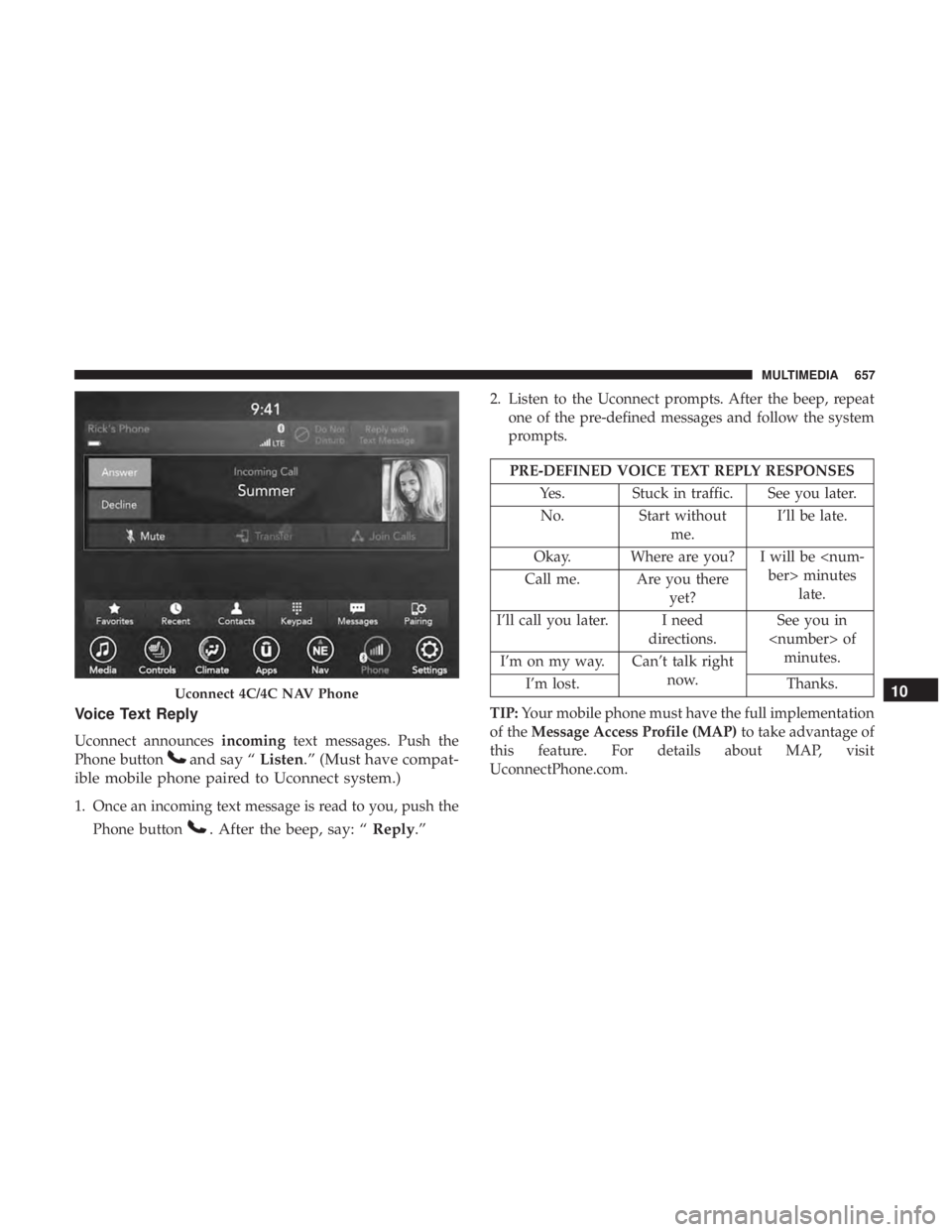 CHRYSLER PACIFICA 2018  Owners Manual Voice Text Reply
Uconnect announcesincomingtext messages. Push the
Phone button
and say “ Listen.” (Must have compat-
ible mobile phone paired to Uconnect system.)
1. Once an incoming text message