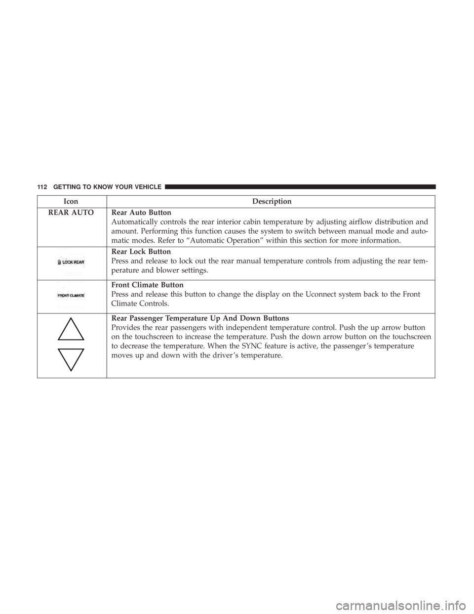 CHRYSLER PACIFICA HYBRID 2018 Owners Manual IconDescription
REAR AUTO Rear Auto Button Automatically controls the rear interior cabin temperature by adjusting airflow distribution and
amount. Performing this function causes the system to switch CHRYSLER PACIFICA HYBRID 2018 Owners Manual IconDescription
REAR AUTO Rear Auto Button Automatically controls the rear interior cabin temperature by adjusting airflow distribution and
amount. Performing this function causes the system to switch