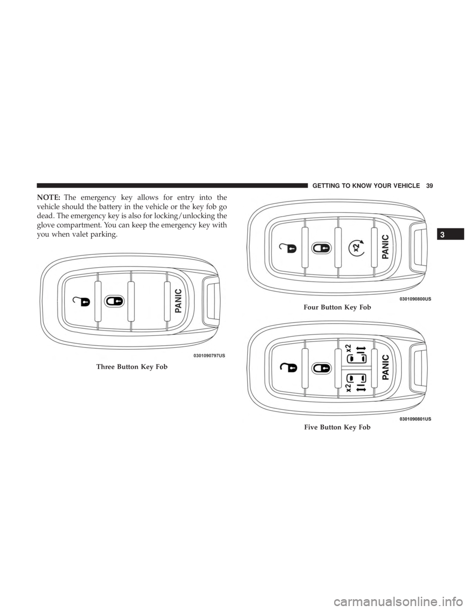 CHRYSLER PACIFICA HYBRID 2018 Service Manual NOTE:The emergency key allows for entry into the
vehicle should the battery in the vehicle or the key fob go
dead. The emergency key is also for locking/unlocking the
glove compartment. You can keep t CHRYSLER PACIFICA HYBRID 2018 Service Manual NOTE:The emergency key allows for entry into the
vehicle should the battery in the vehicle or the key fob go
dead. The emergency key is also for locking/unlocking the
glove compartment. You can keep t