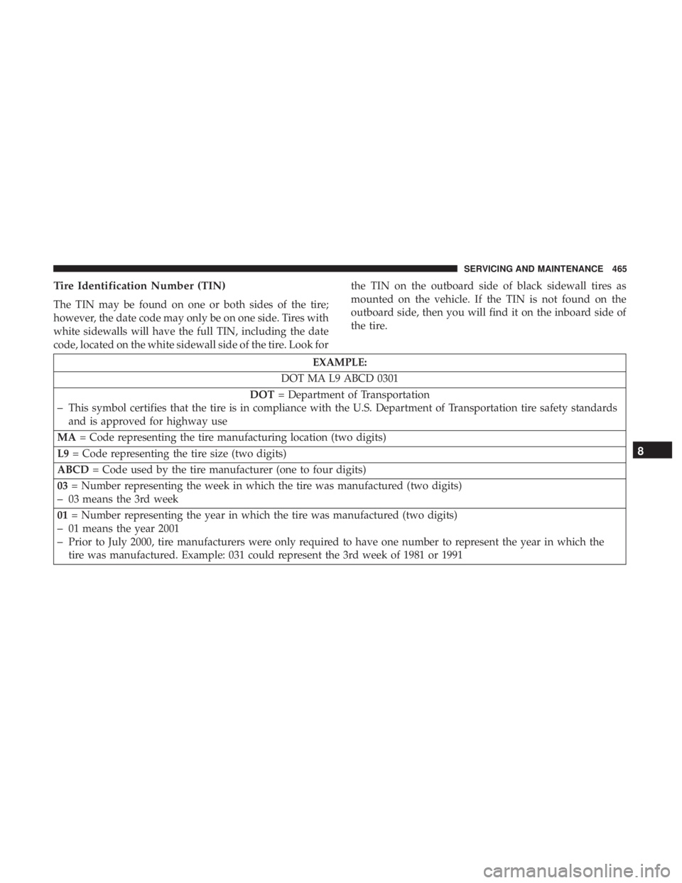 CHRYSLER PACIFICA HYBRID 2018  Owners Manual Tire Identification Number (TIN)
The TIN may be found on one or both sides of the tire;
however, the date code may only be on one side. Tires with
white sidewalls will have the full TIN, including the