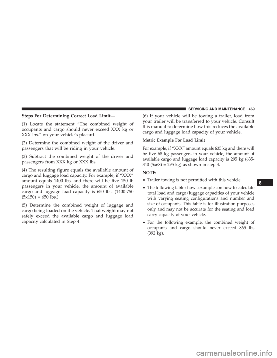 CHRYSLER PACIFICA HYBRID 2018 Owners Manual Steps For Determining Correct Load Limit—
(1) Locate the statement “The combined weight of
occupants and cargo should never exceed XXX kg or
XXX lbs.” on your vehicle’s placard.
(2) Determine CHRYSLER PACIFICA HYBRID 2018 Owners Manual Steps For Determining Correct Load Limit—
(1) Locate the statement “The combined weight of
occupants and cargo should never exceed XXX kg or
XXX lbs.” on your vehicle’s placard.
(2) Determine