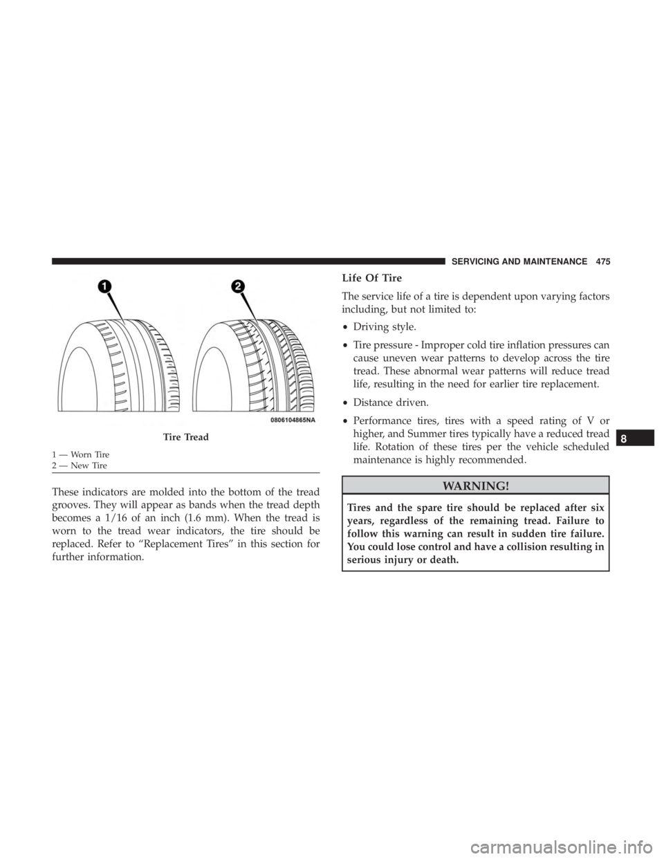 CHRYSLER PACIFICA HYBRID 2018  Owners Manual These indicators are molded into the bottom of the tread
grooves. They will appear as bands when the tread depth
becomes a 1/16 of an inch (1.6 mm). When the tread is
worn to the tread wear indicators