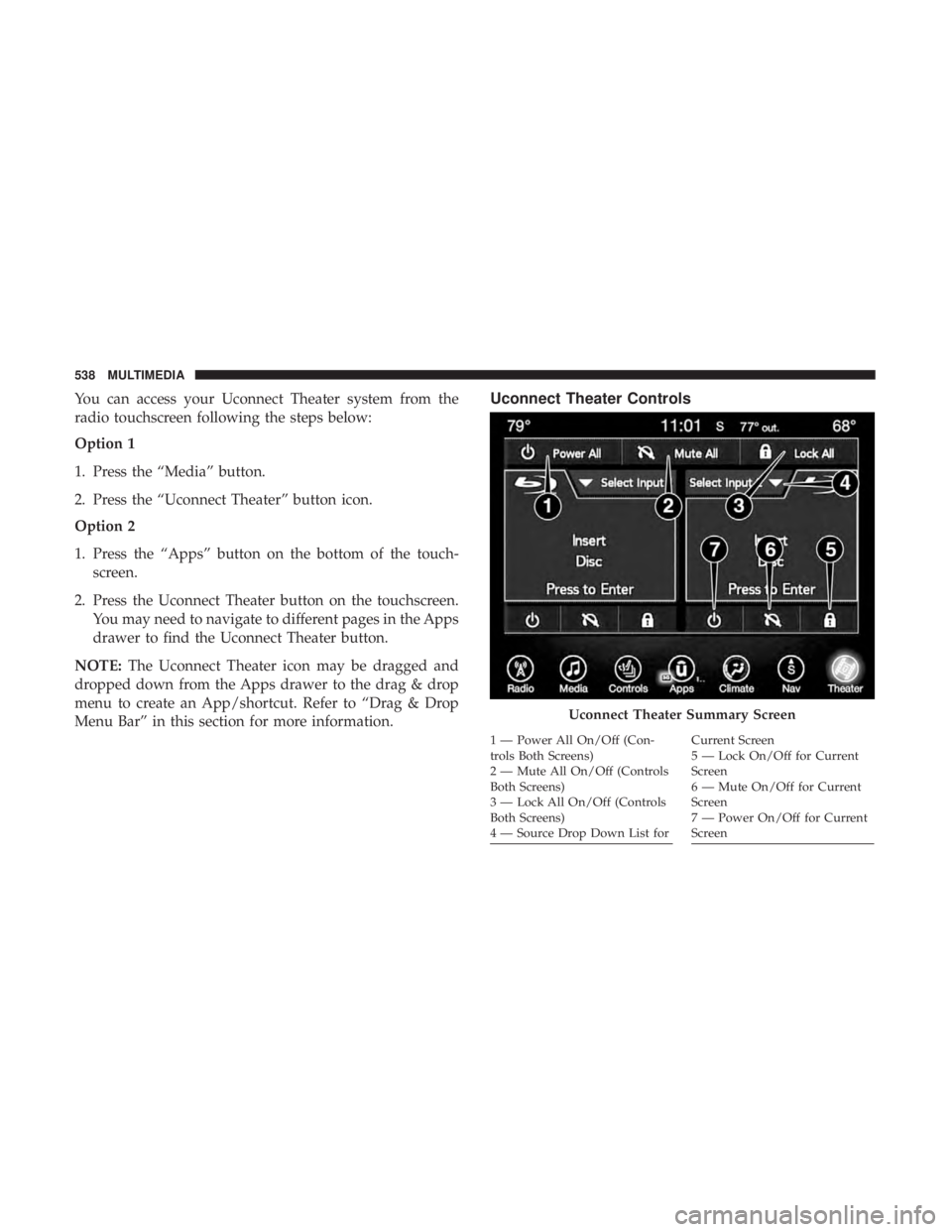 CHRYSLER PACIFICA HYBRID 2018  Owners Manual You can access your Uconnect Theater system from the
radio touchscreen following the steps below:
Option 1
1. Press the “Media” button.
2. Press the “Uconnect Theater” button icon.
Option 2
1.