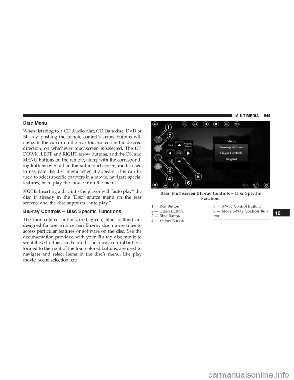 CHRYSLER PACIFICA HYBRID 2018 Owners Manual Disc Menu
When listening to a CD Audio disc, CD Data disc, DVD or
Blu-ray, pushing the remote control’s arrow buttons will
navigate the cursor on the rear touchscreen in the desired
direction, on wh CHRYSLER PACIFICA HYBRID 2018 Owners Manual Disc Menu
When listening to a CD Audio disc, CD Data disc, DVD or
Blu-ray, pushing the remote control’s arrow buttons will
navigate the cursor on the rear touchscreen in the desired
direction, on wh