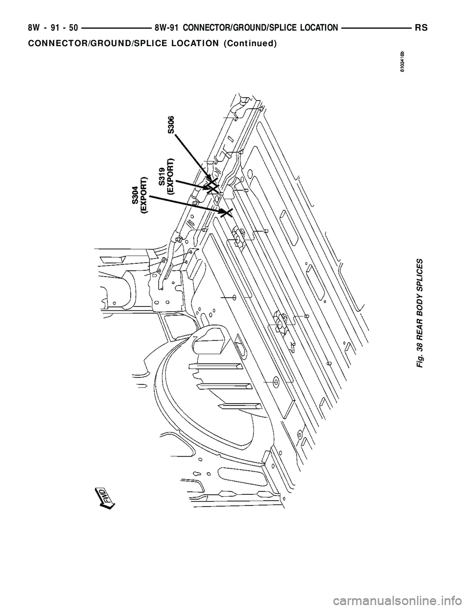 CHRYSLER CARAVAN 2005  Service Manual Fig. 38 REAR BODY SPLICES
8W - 91 - 50 8W-91 CONNECTOR/GROUND/SPLICE LOCATIONRS
CONNECTOR/GROUND/SPLICE LOCATION (Continued) 