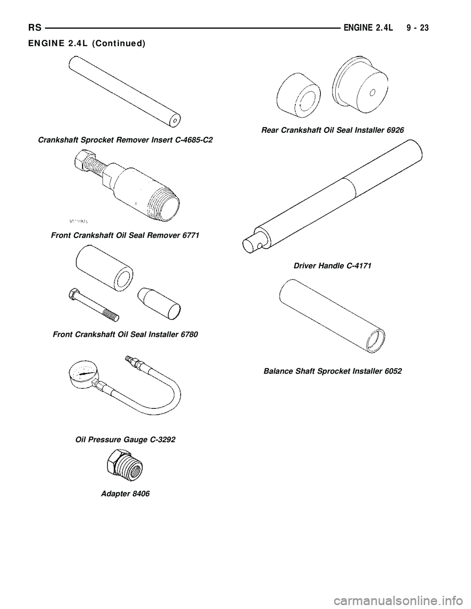 CHRYSLER CARAVAN 2005 Service Manual Crankshaft Sprocket Remover Insert C-4685-C2
Front Crankshaft Oil Seal Remover 6771
Front Crankshaft Oil Seal Installer 6780
Oil Pressure Gauge C-3292
Adapter 8406
Rear Crankshaft Oil Seal Installer 6 CHRYSLER CARAVAN 2005 Service Manual Crankshaft Sprocket Remover Insert C-4685-C2
Front Crankshaft Oil Seal Remover 6771
Front Crankshaft Oil Seal Installer 6780
Oil Pressure Gauge C-3292
Adapter 8406
Rear Crankshaft Oil Seal Installer 6