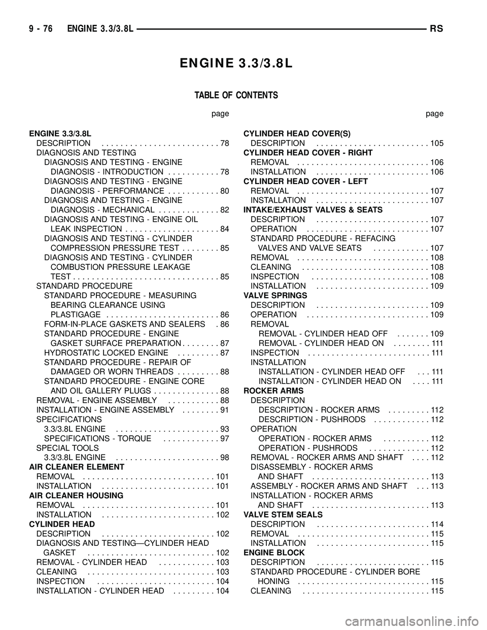 CHRYSLER CARAVAN 2005 Service Manual ENGINE 3.3/3.8L
TABLE OF CONTENTS
page page
ENGINE 3.3/3.8L
DESCRIPTION.........................78
DIAGNOSIS AND TESTING
DIAGNOSIS AND TESTING - ENGINE
DIAGNOSIS - INTRODUCTION...........78
DIAGNOSIS CHRYSLER CARAVAN 2005 Service Manual ENGINE 3.3/3.8L
TABLE OF CONTENTS
page page
ENGINE 3.3/3.8L
DESCRIPTION.........................78
DIAGNOSIS AND TESTING
DIAGNOSIS AND TESTING - ENGINE
DIAGNOSIS - INTRODUCTION...........78
DIAGNOSIS