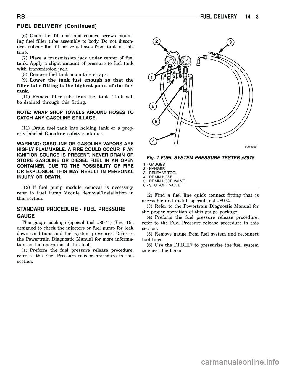 CHRYSLER CARAVAN 2005  Service Manual (6) Open fuel fill door and remove screws mount-
ing fuel filler tube assembly to body. Do not discon-
nect rubber fuel fill or vent hoses from tank at this
time.
(7) Place a transmission jack under c