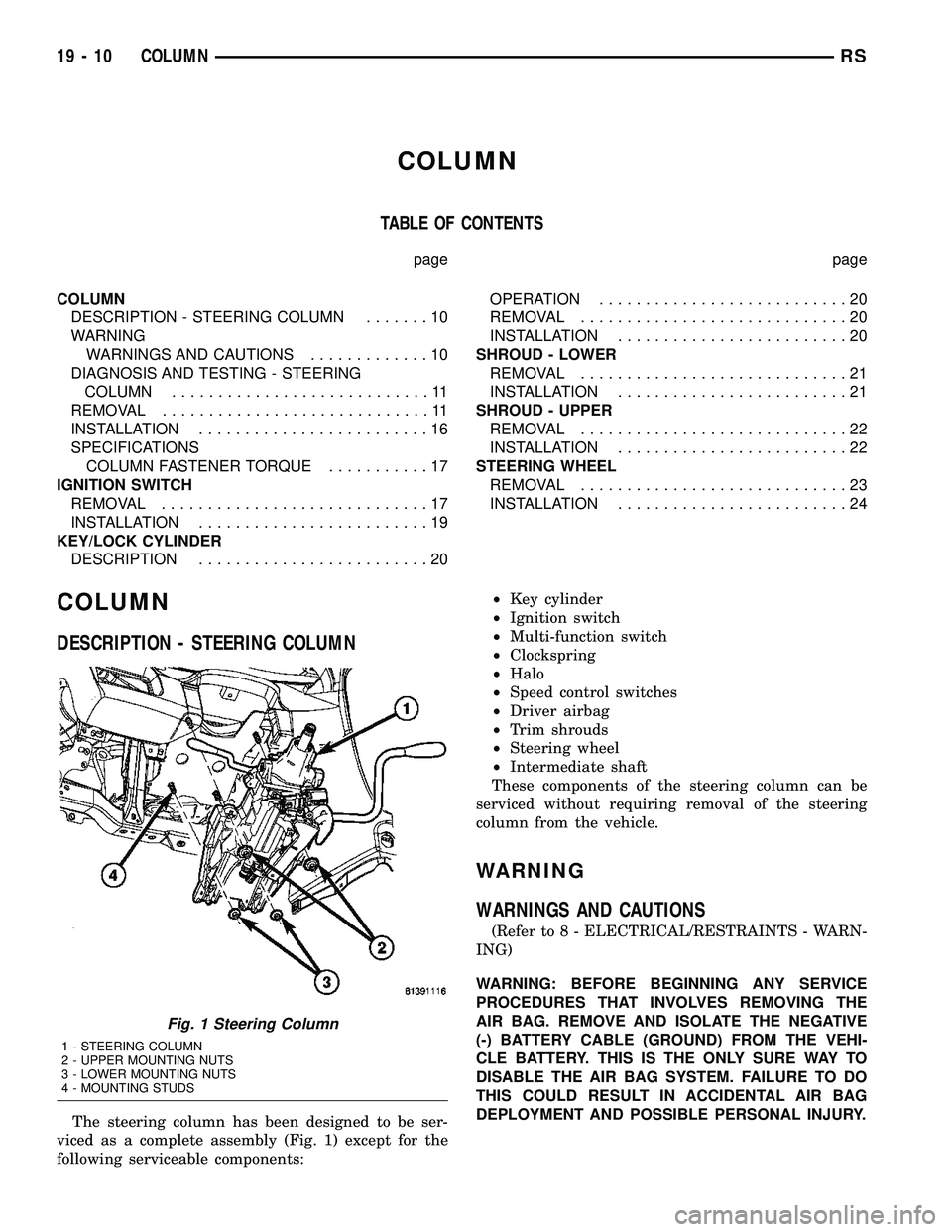 CHRYSLER CARAVAN 2005 Repair Manual COLUMN
TABLE OF CONTENTS
page page
COLUMN
DESCRIPTION - STEERING COLUMN.......10
WARNING
WARNINGS AND CAUTIONS.............10
DIAGNOSIS AND TESTING - STEERING
COLUMN............................11
REMO CHRYSLER CARAVAN 2005 Repair Manual COLUMN
TABLE OF CONTENTS
page page
COLUMN
DESCRIPTION - STEERING COLUMN.......10
WARNING
WARNINGS AND CAUTIONS.............10
DIAGNOSIS AND TESTING - STEERING
COLUMN............................11
REMO