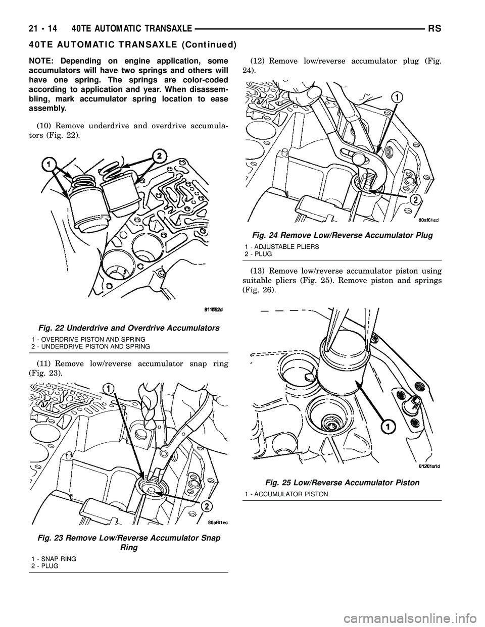 CHRYSLER CARAVAN 2005 Service Manual NOTE: Depending on engine application, some
accumulators will have two springs and others will
have one spring. The springs are color-coded
according to application and year. When disassem-
bling, mar CHRYSLER CARAVAN 2005 Service Manual NOTE: Depending on engine application, some
accumulators will have two springs and others will
have one spring. The springs are color-coded
according to application and year. When disassem-
bling, mar