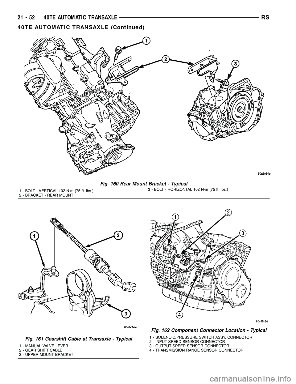 CHRYSLER CARAVAN 2005  Service Manual Fig. 160 Rear Mount Bracket - Typical
1 - BOLT - VERTICAL 102 N´m (75 ft. lbs.)
2 - BRACKET - REAR MOUNT3 - BOLT - HORIZONTAL 102 N´m (75 ft. lbs.)
Fig. 161 Gearshift Cable at Transaxle - Typical
1 