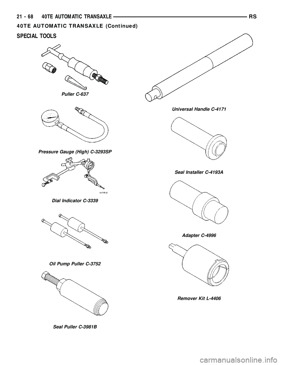 CHRYSLER CARAVAN 2005  Service Manual SPECIAL TOOLS
Puller C-637
Pressure Gauge (High) C-3293SP
Dial Indicator C-3339
Oil Pump Puller C-3752
Seal Puller C-3981B
Universal Handle C-4171
Seal Installer C-4193A
Adapter C-4996
Remover Kit L-4