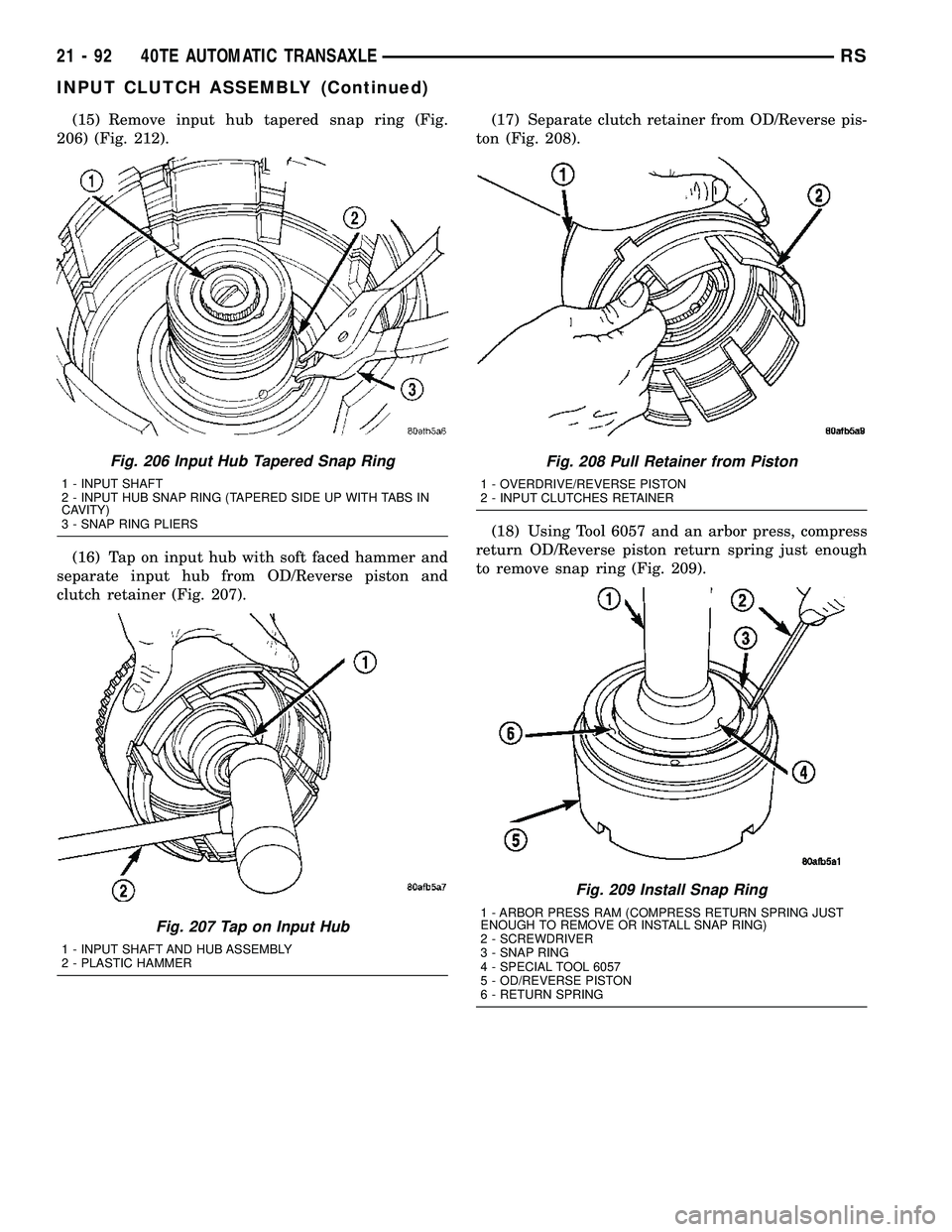 CHRYSLER CARAVAN 2005  Service Manual (15) Remove input hub tapered snap ring (Fig.
206) (Fig. 212).
(16) Tap on input hub with soft faced hammer and
separate input hub from OD/Reverse piston and
clutch retainer (Fig. 207).(17) Separate c