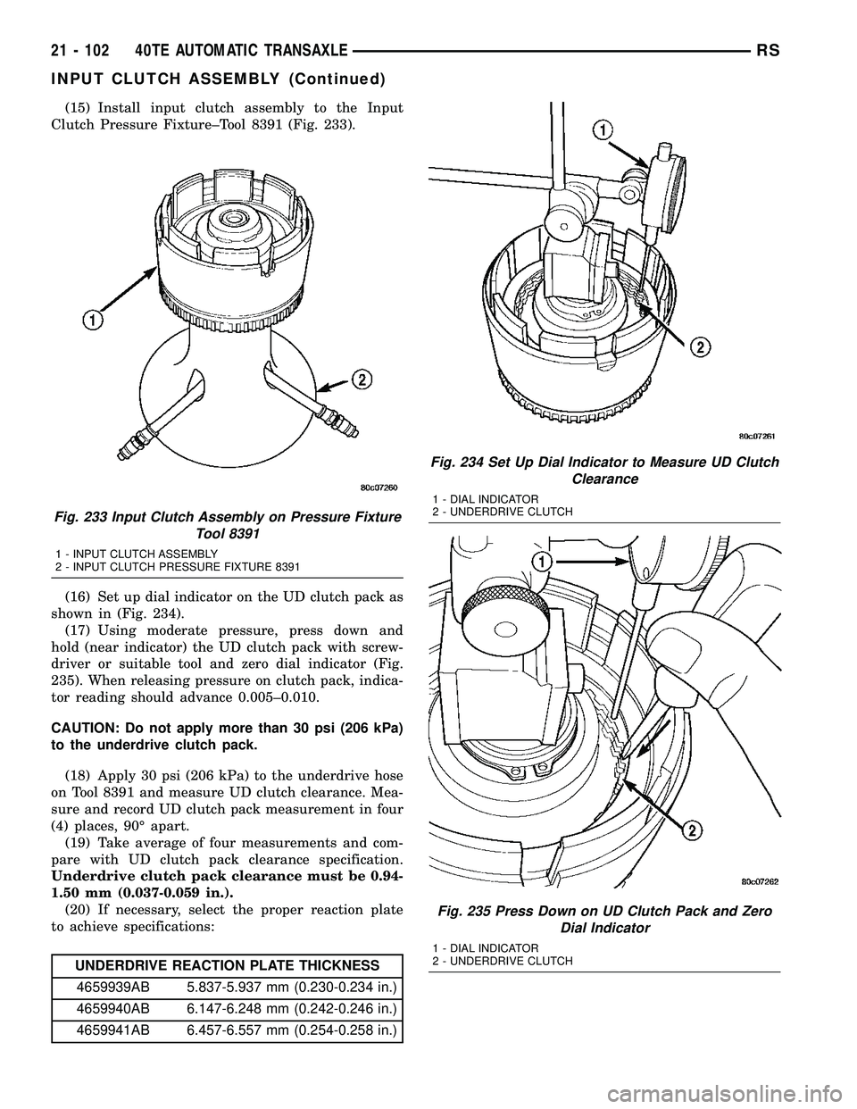 CHRYSLER CARAVAN 2005 Owners Guide (15) Install input clutch assembly to the Input
Clutch Pressure Fixture±Tool 8391 (Fig. 233).
(16) Set up dial indicator on the UD clutch pack as
shown in (Fig. 234).
(17) Using moderate pressure, pr CHRYSLER CARAVAN 2005 Owners Guide (15) Install input clutch assembly to the Input
Clutch Pressure Fixture±Tool 8391 (Fig. 233).
(16) Set up dial indicator on the UD clutch pack as
shown in (Fig. 234).
(17) Using moderate pressure, pr