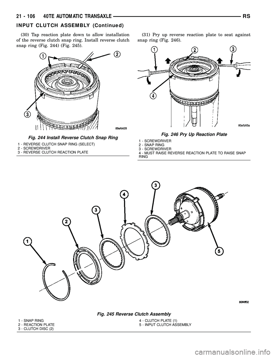 CHRYSLER CARAVAN 2005  Service Manual (30) Tap reaction plate down to allow installation
of the reverse clutch snap ring. Install reverse clutch
snap ring (Fig. 244) (Fig. 245).(31) Pry up reverse reaction plate to seat against
snap ring 