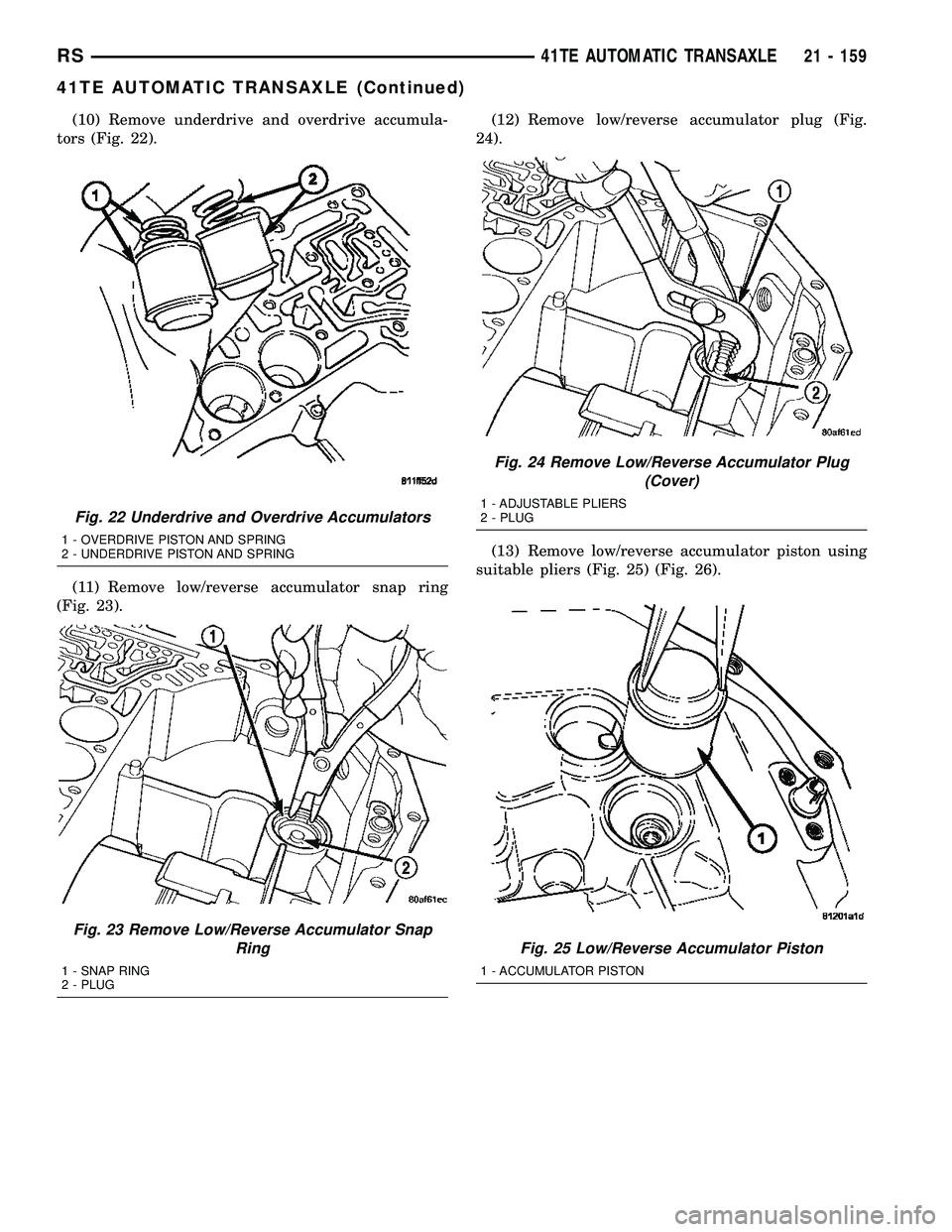 CHRYSLER CARAVAN 2005 Service Manual (10) Remove underdrive and overdrive accumula-
tors (Fig. 22).
(11) Remove low/reverse accumulator snap ring
(Fig. 23).(12) Remove low/reverse accumulator plug (Fig.
24).
(13) Remove low/reverse accum CHRYSLER CARAVAN 2005 Service Manual (10) Remove underdrive and overdrive accumula-
tors (Fig. 22).
(11) Remove low/reverse accumulator snap ring
(Fig. 23).(12) Remove low/reverse accumulator plug (Fig.
24).
(13) Remove low/reverse accum