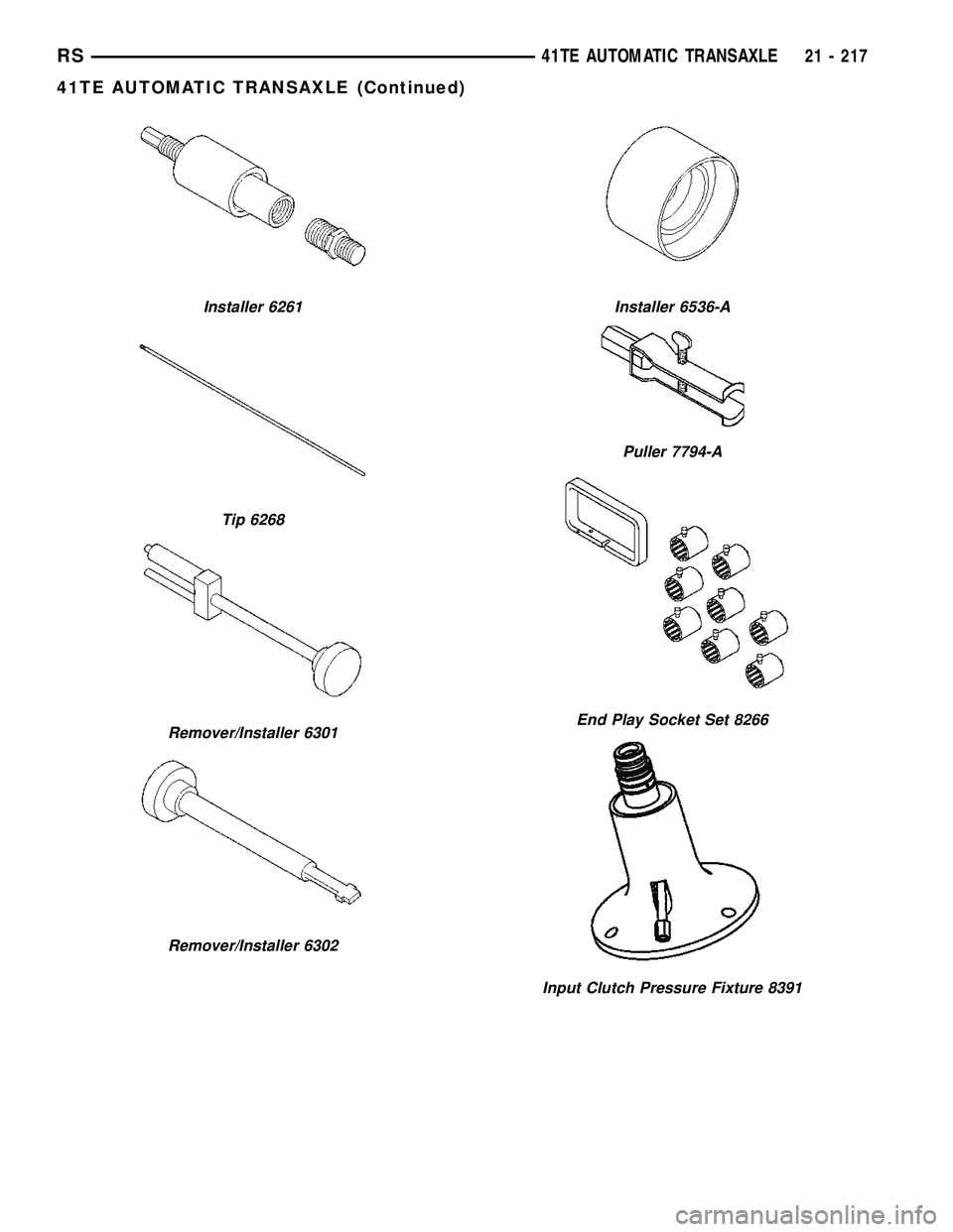 CHRYSLER CARAVAN 2005  Service Manual Installer 6261
Tip 6268
Remover/Installer 6301
Remover/Installer 6302
Installer 6536-A
Puller 7794-A
End Play Socket Set 8266
Input Clutch Pressure Fixture 8391
RS41TE AUTOMATIC TRANSAXLE21 - 217
41TE