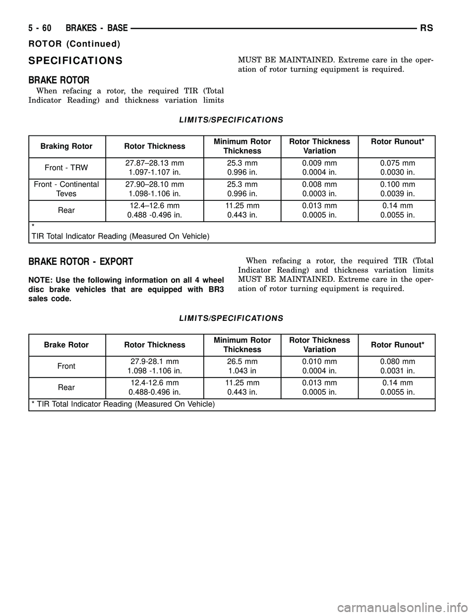 CHRYSLER CARAVAN 2005 Service Manual SPECIFICATIONS
BRAKE ROTOR
When refacing a rotor, the required TIR (Total
Indicator Reading) and thickness variation limitsMUST BE MAINTAINED. Extreme care in the oper-
ation of rotor turning equipmen CHRYSLER CARAVAN 2005 Service Manual SPECIFICATIONS
BRAKE ROTOR
When refacing a rotor, the required TIR (Total
Indicator Reading) and thickness variation limitsMUST BE MAINTAINED. Extreme care in the oper-
ation of rotor turning equipmen