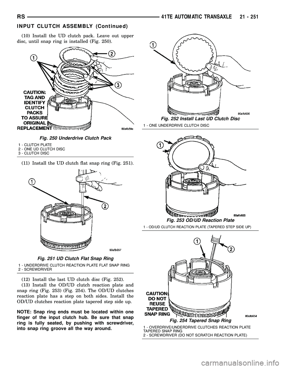 CHRYSLER CARAVAN 2005  Service Manual (10) Install the UD clutch pack. Leave out upper
disc, until snap ring is installed (Fig. 250).
(11) Install the UD clutch flat snap ring (Fig. 251).
(12) Install the last UD clutch disc (Fig. 252).
(