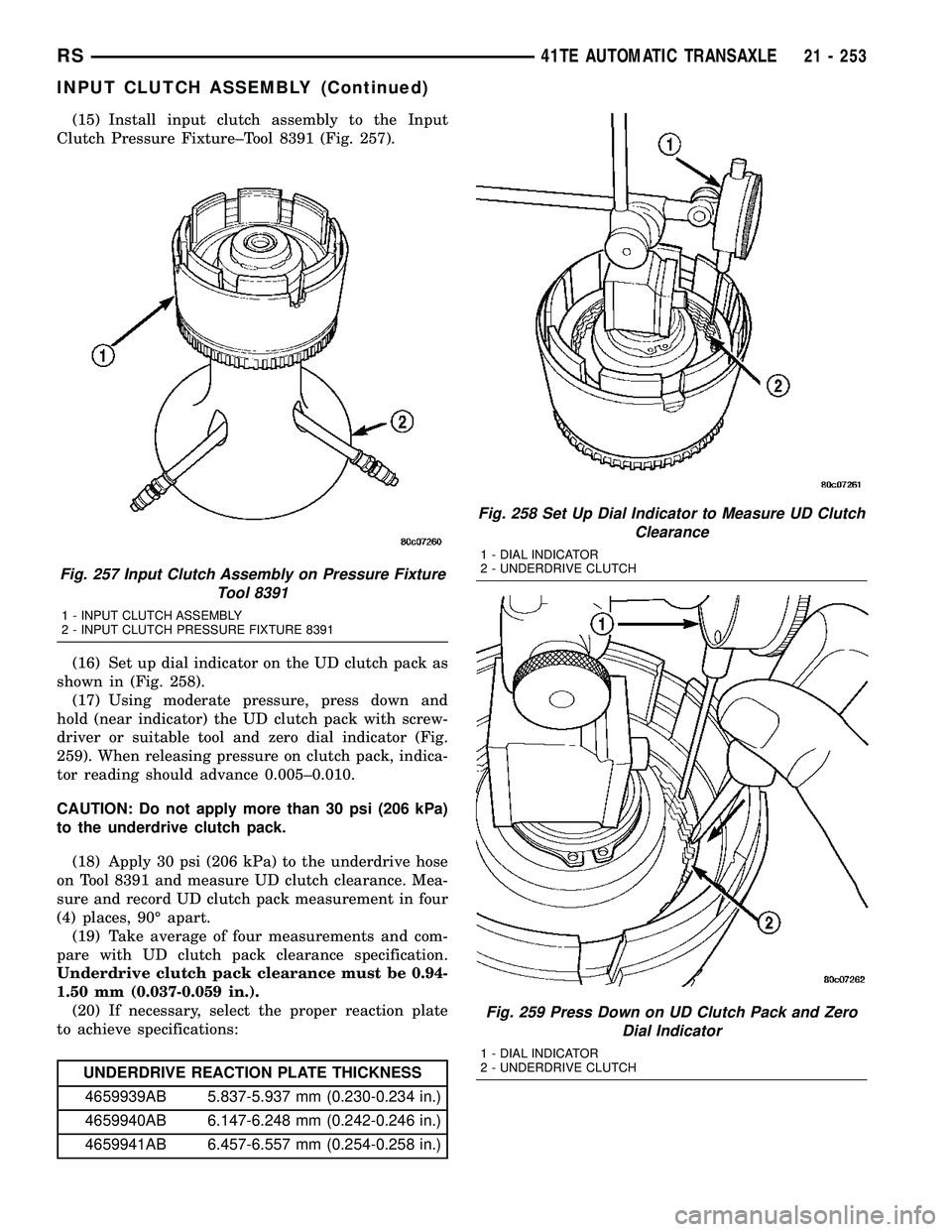 CHRYSLER CARAVAN 2005 Workshop Manual (15) Install input clutch assembly to the Input
Clutch Pressure Fixture±Tool 8391 (Fig. 257).
(16) Set up dial indicator on the UD clutch pack as
shown in (Fig. 258).
(17) Using moderate pressure, pr CHRYSLER CARAVAN 2005 Workshop Manual (15) Install input clutch assembly to the Input
Clutch Pressure Fixture±Tool 8391 (Fig. 257).
(16) Set up dial indicator on the UD clutch pack as
shown in (Fig. 258).
(17) Using moderate pressure, pr