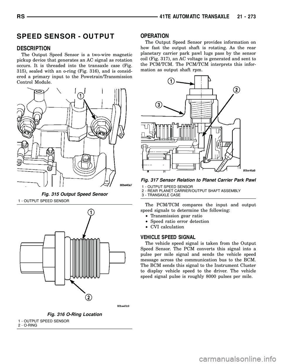 CHRYSLER CARAVAN 2005 Service Manual SPEED SENSOR - OUTPUT
DESCRIPTION
The Output Speed Sensor is a two-wire magnetic
pickup device that generates an AC signal as rotation
occurs. It is threaded into the transaxle case (Fig.
315), sealed CHRYSLER CARAVAN 2005 Service Manual SPEED SENSOR - OUTPUT
DESCRIPTION
The Output Speed Sensor is a two-wire magnetic
pickup device that generates an AC signal as rotation
occurs. It is threaded into the transaxle case (Fig.
315), sealed