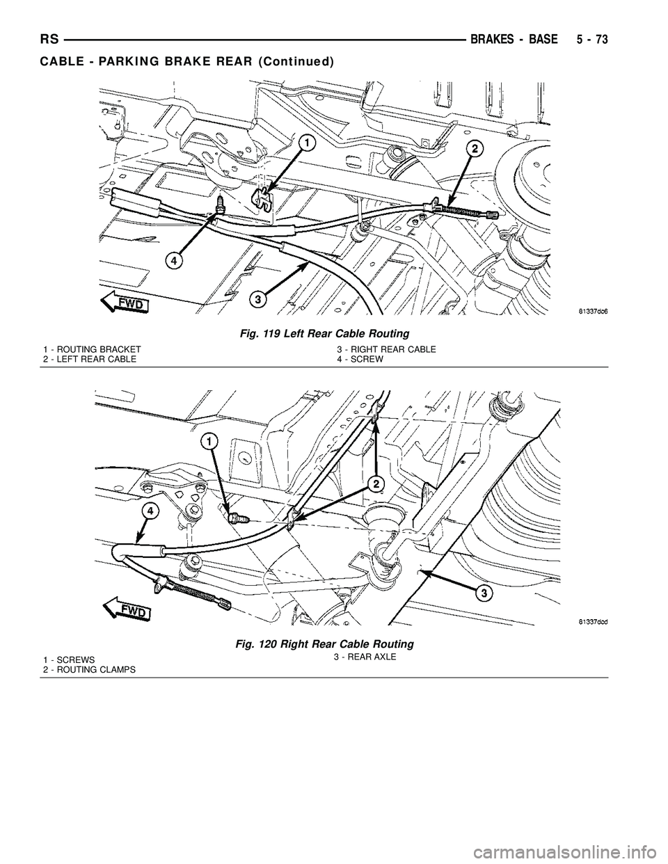 CHRYSLER CARAVAN 2005 Service Manual Fig. 119 Left Rear Cable Routing
1 - ROUTING BRACKET
2 - LEFT REAR CABLE3 - RIGHT REAR CABLE
4 - SCREW
Fig. 120 Right Rear Cable Routing
1 - SCREWS
2 - ROUTING CLAMPS3 - REAR AXLE
RSBRAKES - BASE5-73
CHRYSLER CARAVAN 2005 Service Manual Fig. 119 Left Rear Cable Routing
1 - ROUTING BRACKET
2 - LEFT REAR CABLE3 - RIGHT REAR CABLE
4 - SCREW
Fig. 120 Right Rear Cable Routing
1 - SCREWS
2 - ROUTING CLAMPS3 - REAR AXLE
RSBRAKES - BASE5-73