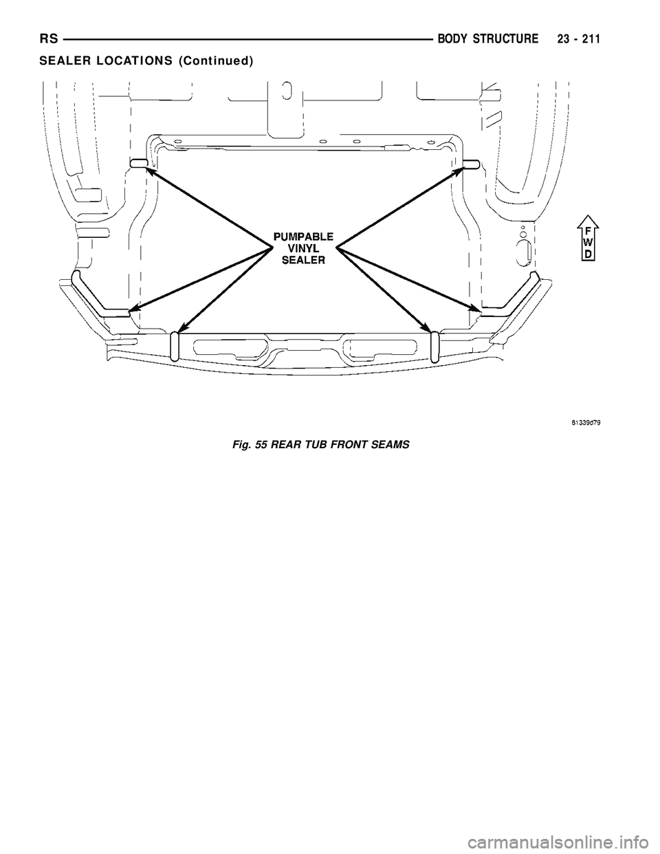 CHRYSLER CARAVAN 2005  Service Manual Fig. 55 REAR TUB FRONT SEAMS
RSBODY STRUCTURE23 - 211
SEALER LOCATIONS (Continued) 