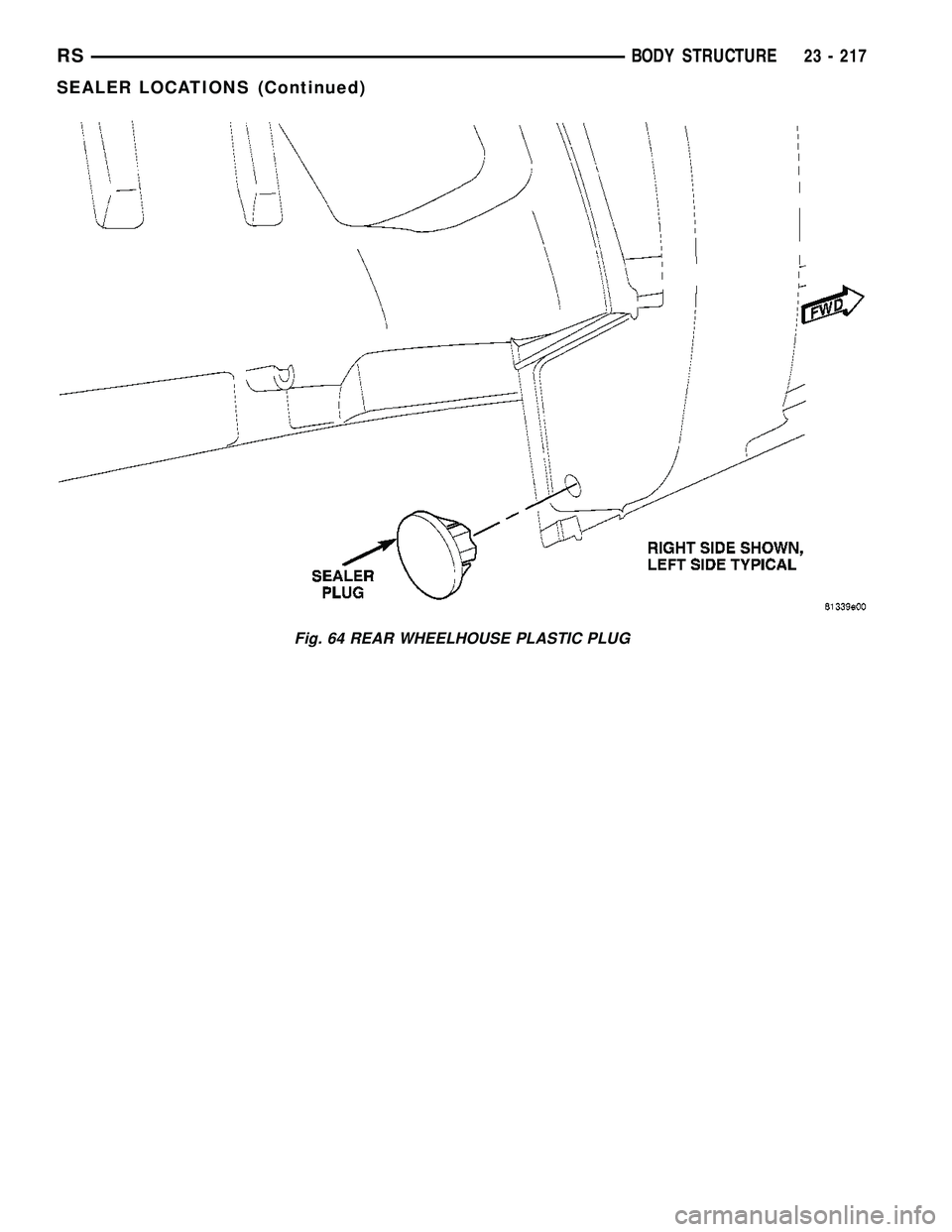 CHRYSLER CARAVAN 2005 Service Manual Fig. 64 REAR WHEELHOUSE PLASTIC PLUG
RSBODY STRUCTURE23 - 217
SEALER LOCATIONS (Continued) CHRYSLER CARAVAN 2005 Service Manual Fig. 64 REAR WHEELHOUSE PLASTIC PLUG
RSBODY STRUCTURE23 - 217
SEALER LOCATIONS (Continued)