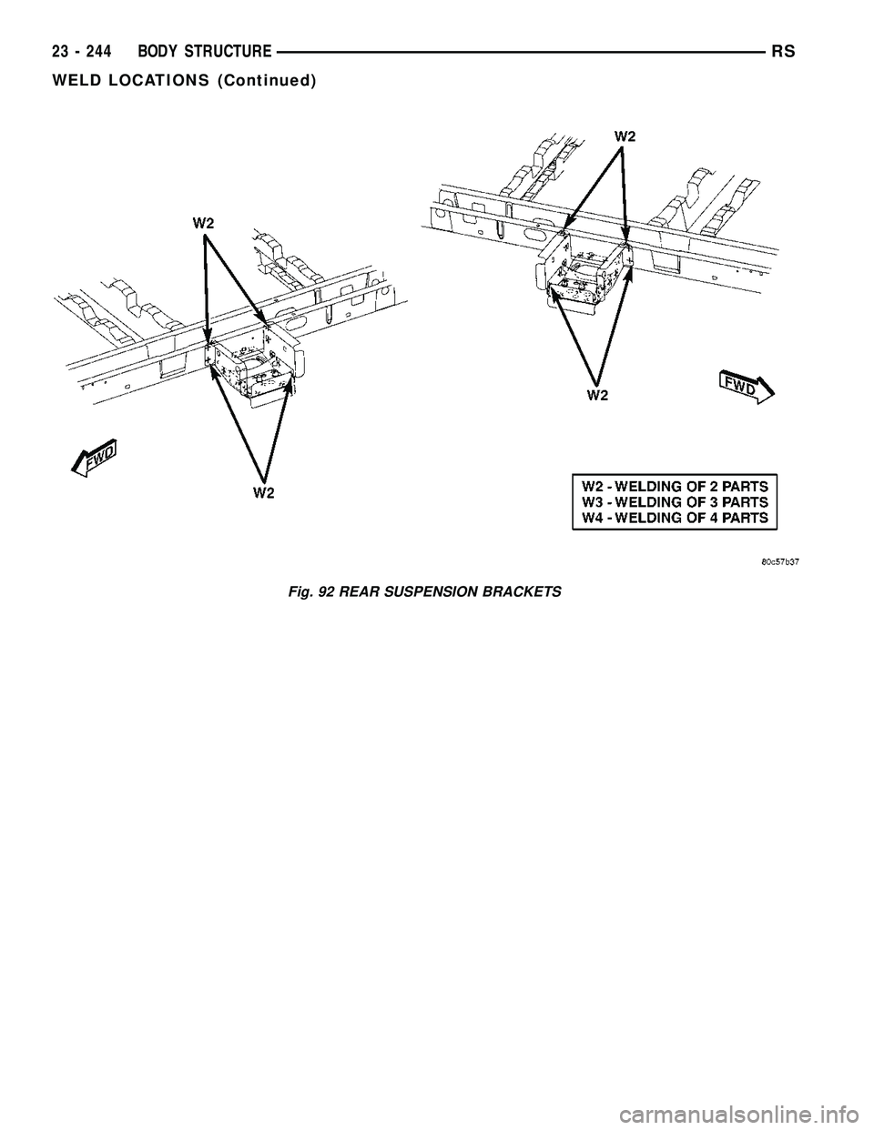 CHRYSLER CARAVAN 2005  Service Manual Fig. 92 REAR SUSPENSION BRACKETS
23 - 244 BODY STRUCTURERS
WELD LOCATIONS (Continued) 
