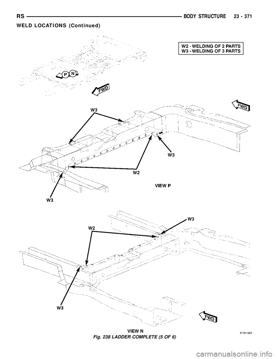 CHRYSLER CARAVAN 2005 Service Manual Fig. 238 LADDER COMPLETE (5 OF 6)
RSBODY STRUCTURE23 - 371
WELD LOCATIONS (Continued) CHRYSLER CARAVAN 2005 Service Manual Fig. 238 LADDER COMPLETE (5 OF 6)
RSBODY STRUCTURE23 - 371
WELD LOCATIONS (Continued)