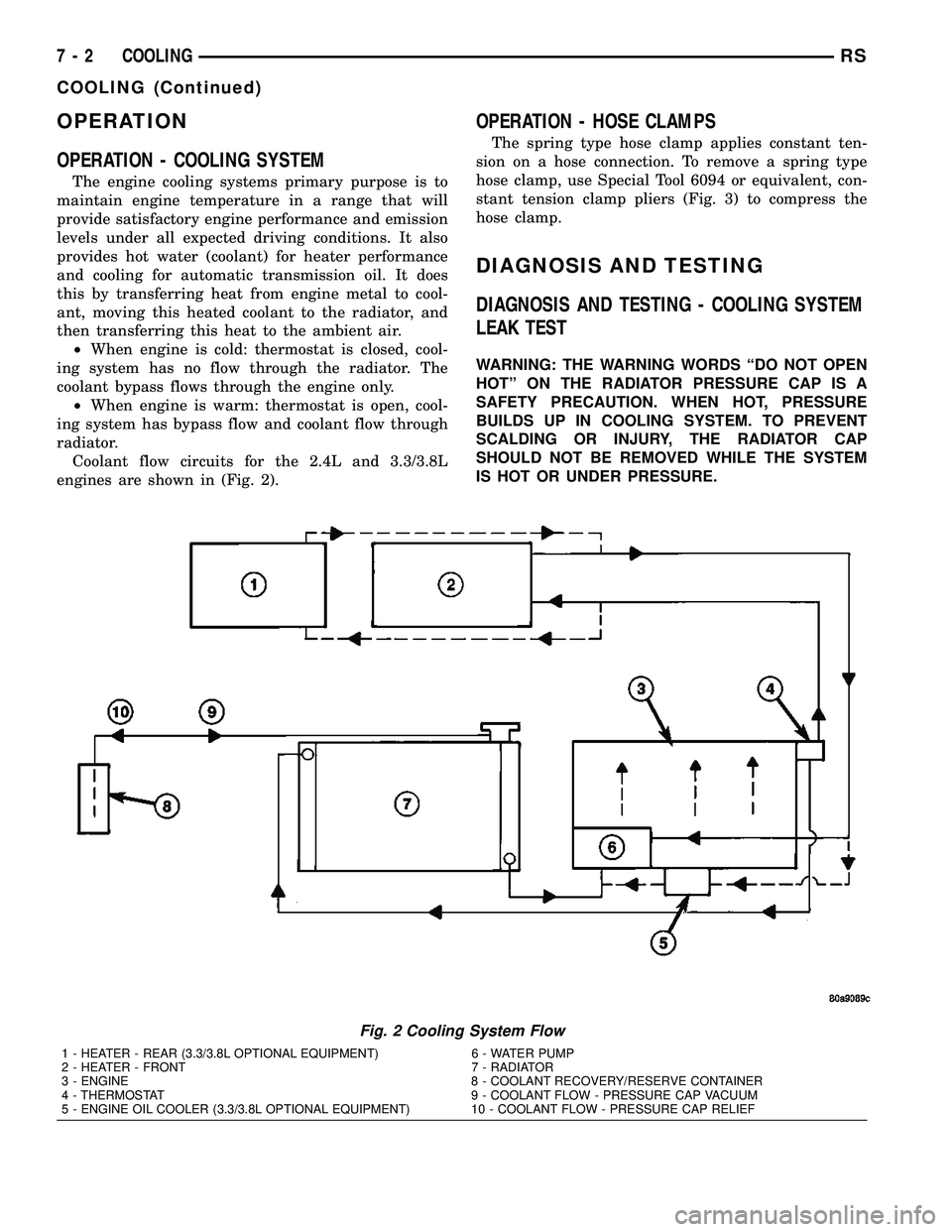 CHRYSLER CARAVAN 2005 Service Manual OPERATION
OPERATION - COOLING SYSTEM
The engine cooling systems primary purpose is to
maintain engine temperature in a range that will
provide satisfactory engine performance and emission
levels under CHRYSLER CARAVAN 2005 Service Manual OPERATION
OPERATION - COOLING SYSTEM
The engine cooling systems primary purpose is to
maintain engine temperature in a range that will
provide satisfactory engine performance and emission
levels under