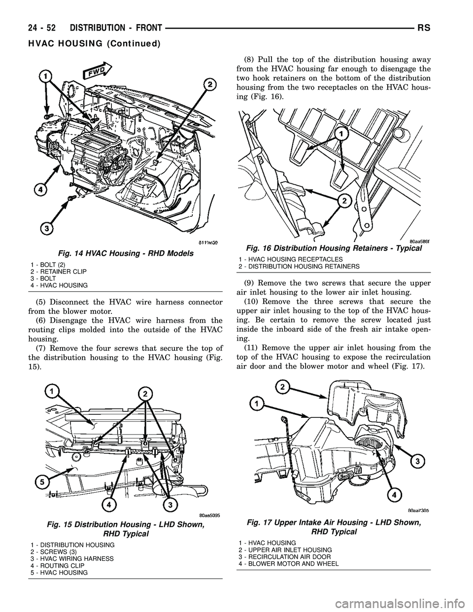 CHRYSLER CARAVAN 2005 Service Manual (5) Disconnect the HVAC wire harness connector
from the blower motor.
(6) Disengage the HVAC wire harness from the
routing clips molded into the outside of the HVAC
housing.
(7) Remove the four screws CHRYSLER CARAVAN 2005 Service Manual (5) Disconnect the HVAC wire harness connector
from the blower motor.
(6) Disengage the HVAC wire harness from the
routing clips molded into the outside of the HVAC
housing.
(7) Remove the four screws