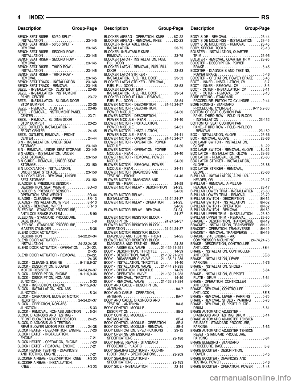 CHRYSLER CARAVAN 2005 Service Manual BENCH SEAT RISER - 50/50 SPLIT -INSTALLATION ...................... 23-145
BENCH SEAT RISER - 50/50 SPLIT - REMOVAL ......................... 23-145
BENCH SEAT RISER - SECOND ROW - INSTALLATION ...... CHRYSLER CARAVAN 2005 Service Manual BENCH SEAT RISER - 50/50 SPLIT -INSTALLATION ...................... 23-145
BENCH SEAT RISER - 50/50 SPLIT - REMOVAL ......................... 23-145
BENCH SEAT RISER - SECOND ROW - INSTALLATION ......
