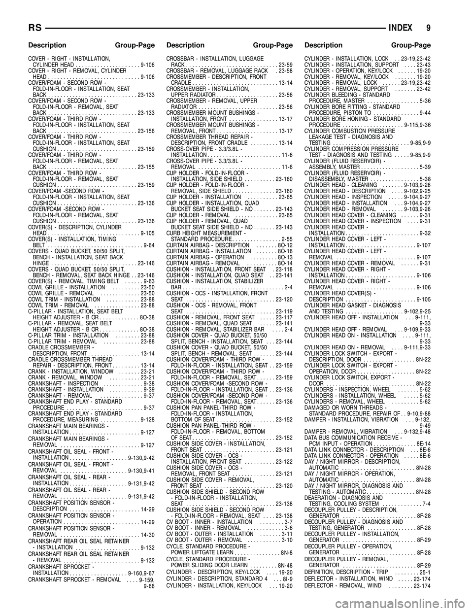CHRYSLER CARAVAN 2005 User Guide COVER - RIGHT - INSTALLATION,CYLINDER HEAD ..................... 9-106
COVER - RIGHT - REMOVAL, CYLINDER HEAD .............................. 9-106
COVER/FOAM - SECOND ROW - FOLD-IN-FLOOR - INSTALLATIO CHRYSLER CARAVAN 2005 User Guide COVER - RIGHT - INSTALLATION,CYLINDER HEAD ..................... 9-106
COVER - RIGHT - REMOVAL, CYLINDER HEAD .............................. 9-106
COVER/FOAM - SECOND ROW - FOLD-IN-FLOOR - INSTALLATIO